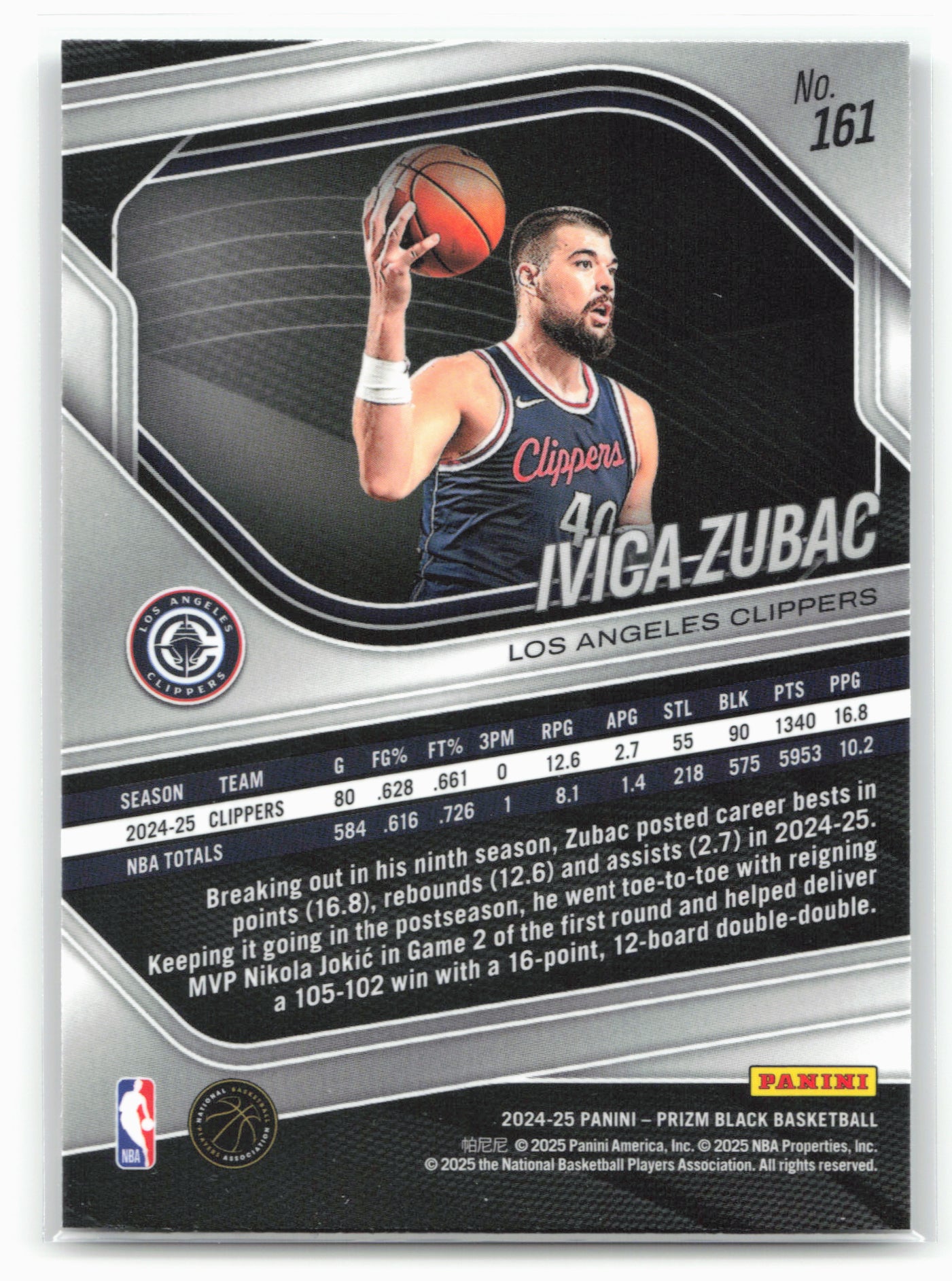 2024-25 Panini Prizm Black #161 Ivica Zubac 26739