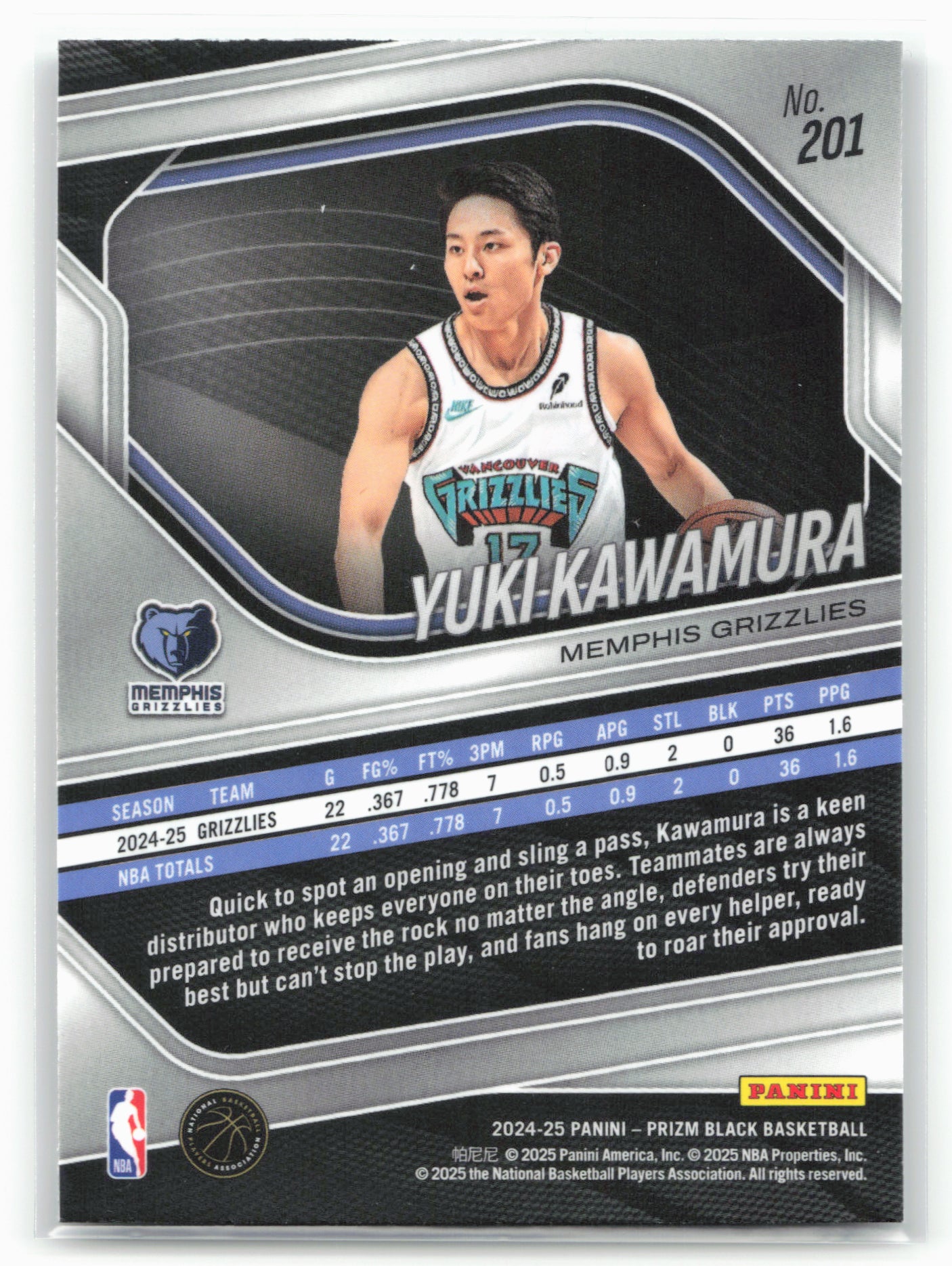 2024-25 Panini Prizm Black #201 Yuki Kawamura 26742
