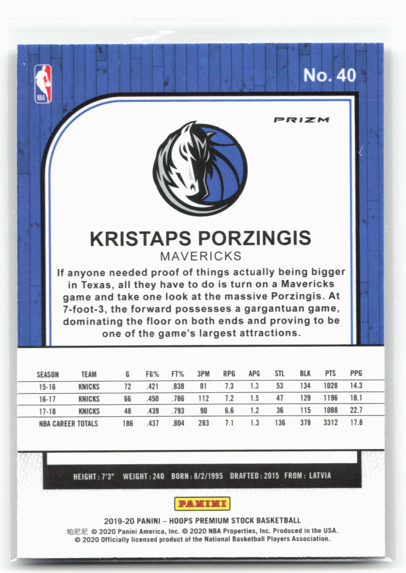 2019-20 Hoops Premium Stock #40 Kristaps Porzingis Prizms Silver Laser