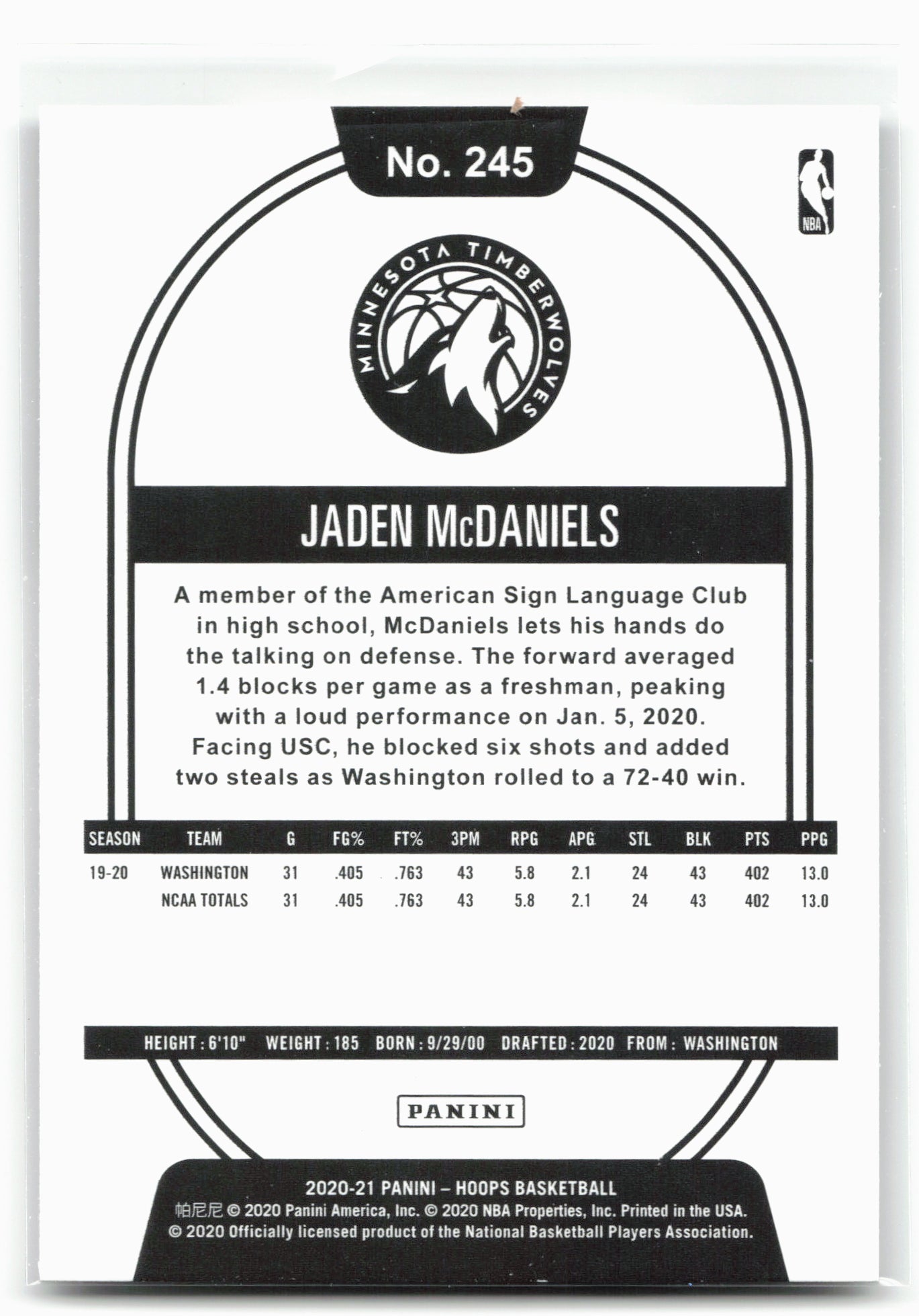2020-21 Hoops #245 Jaden McDaniels