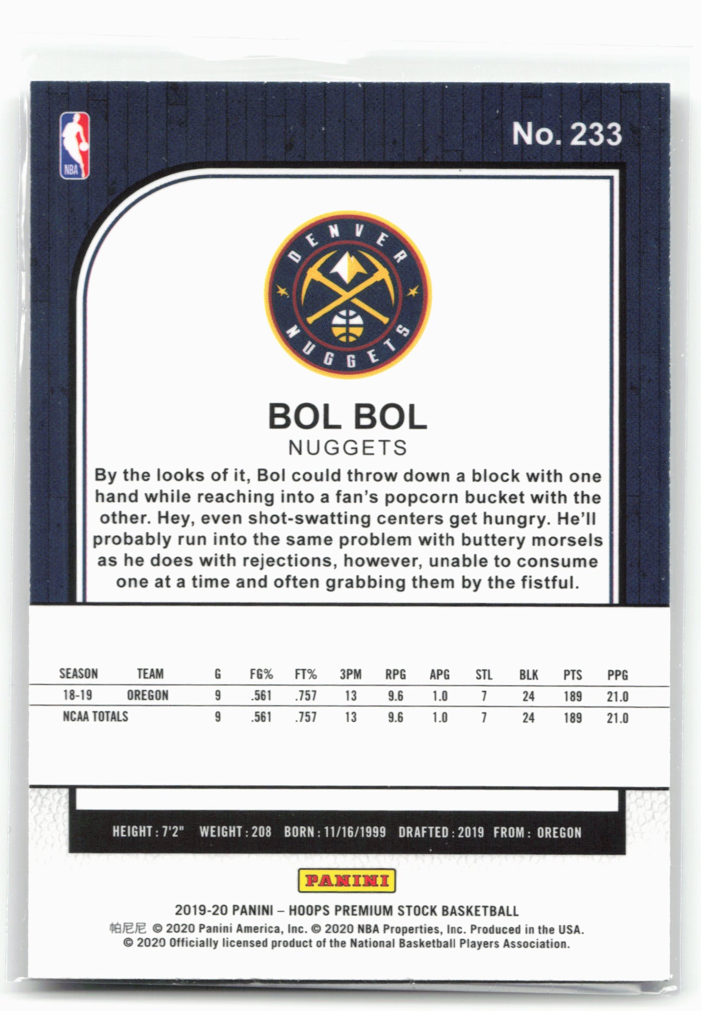 2019-20 Hoops Premium Stock #233 Bol Bol