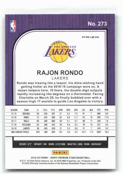2019-20 Hoops Premium Stock #273 Rajon Rondo Prizms Silver Laser
