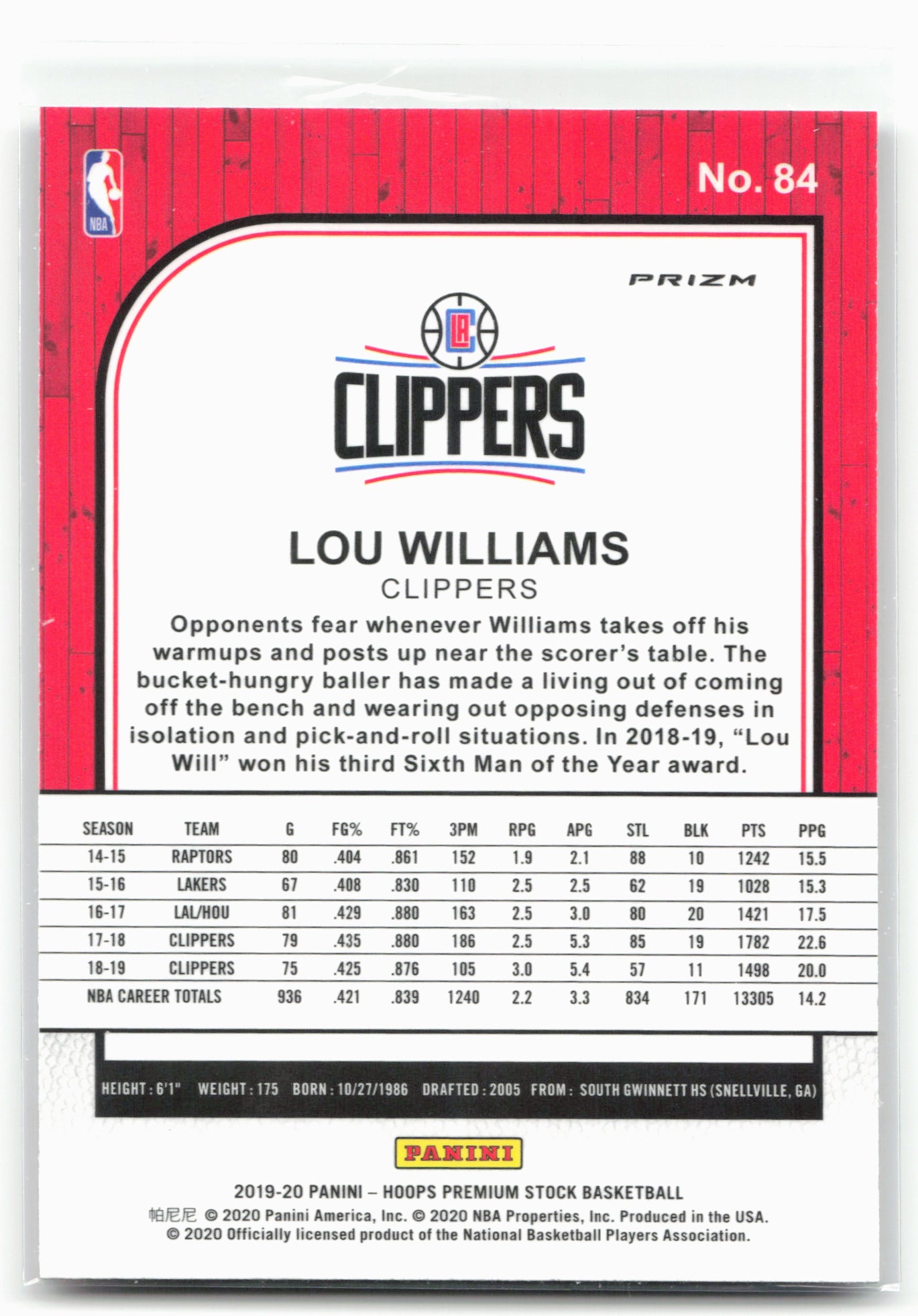2019-20 Hoops Premium Stock #84 Lou Williams Prizms Silver Laser
