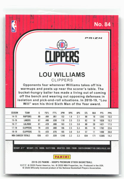 2019-20 Hoops Premium Stock #84 Lou Williams Prizms Silver Laser