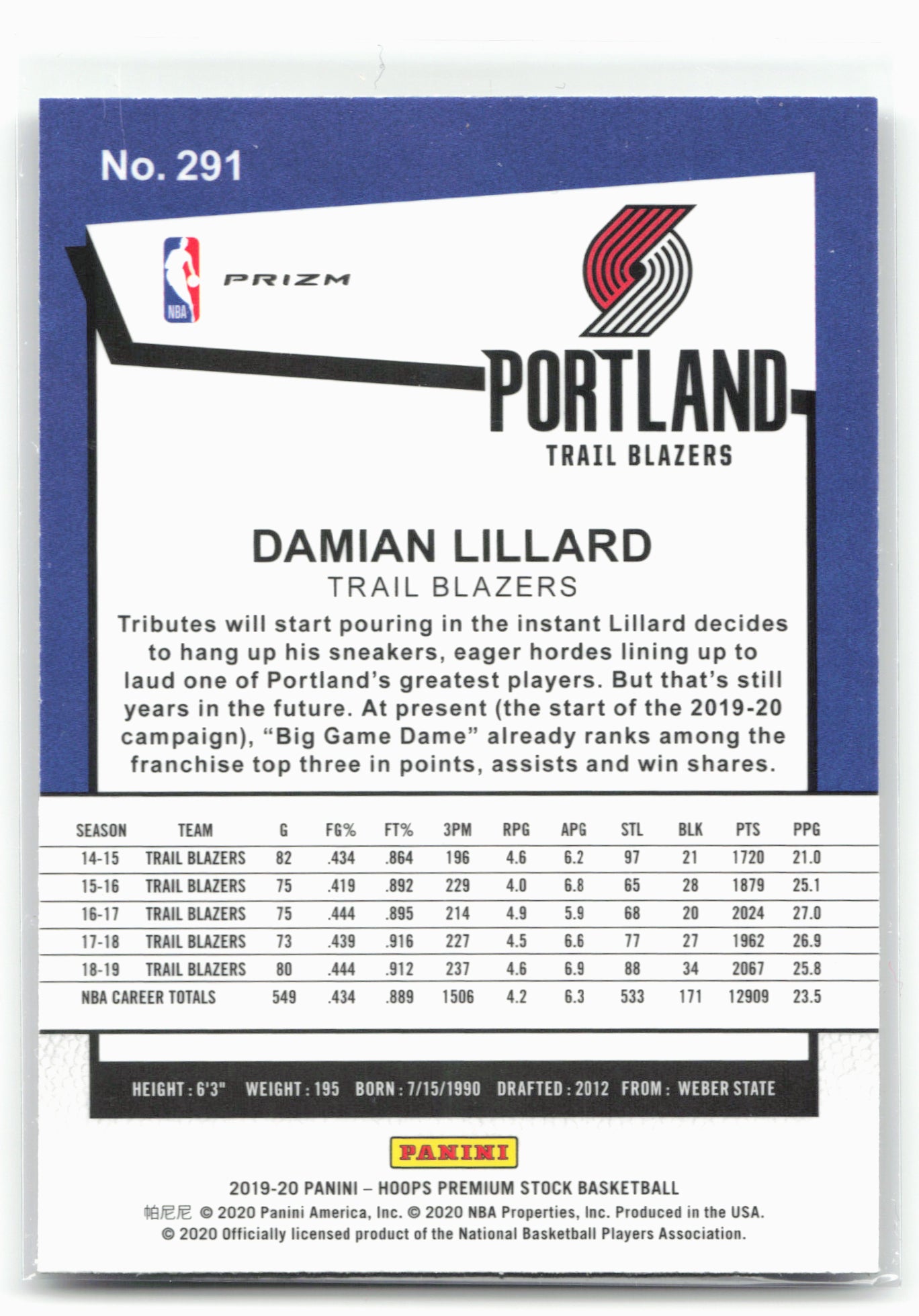 2019-20 Hoops Premium Stock #291 Damian Lillard Prizms Silver