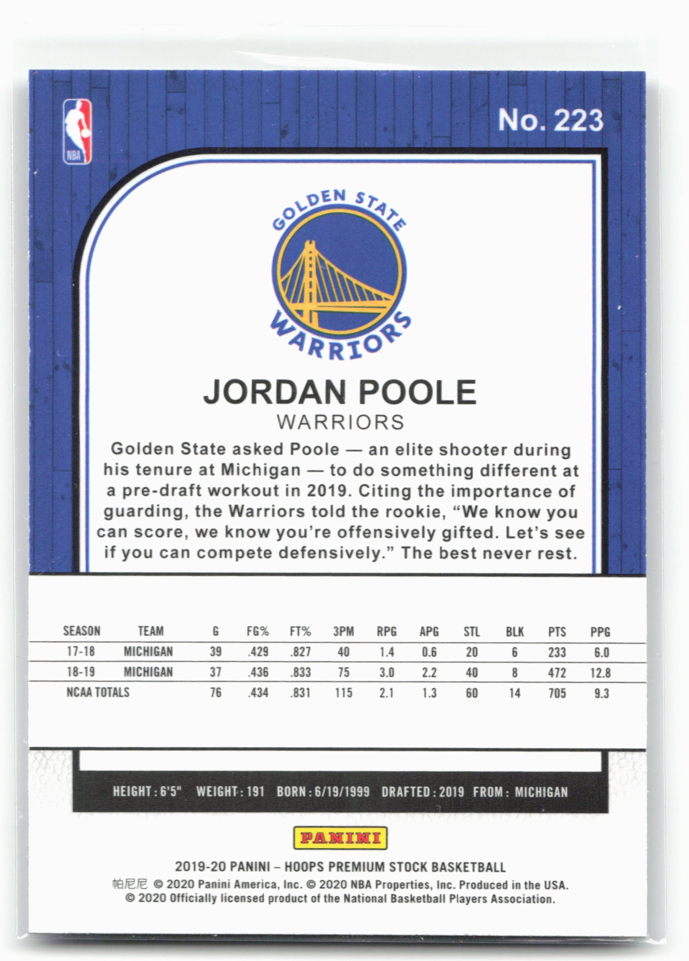 2019-20 Hoops Premium Stock #223 Jordan Poole