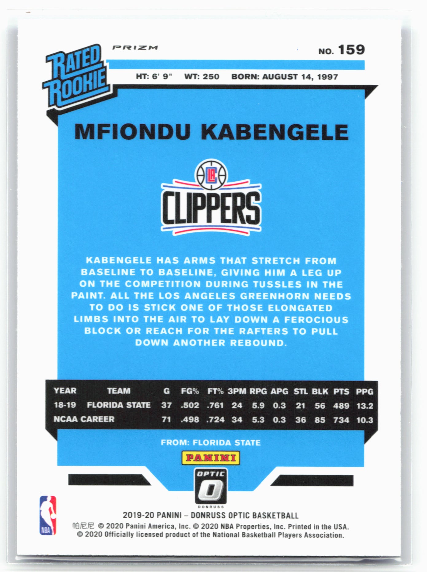 2019-20 Donruss Optic #159 Mfiondu Kabengele Blue Velocity
