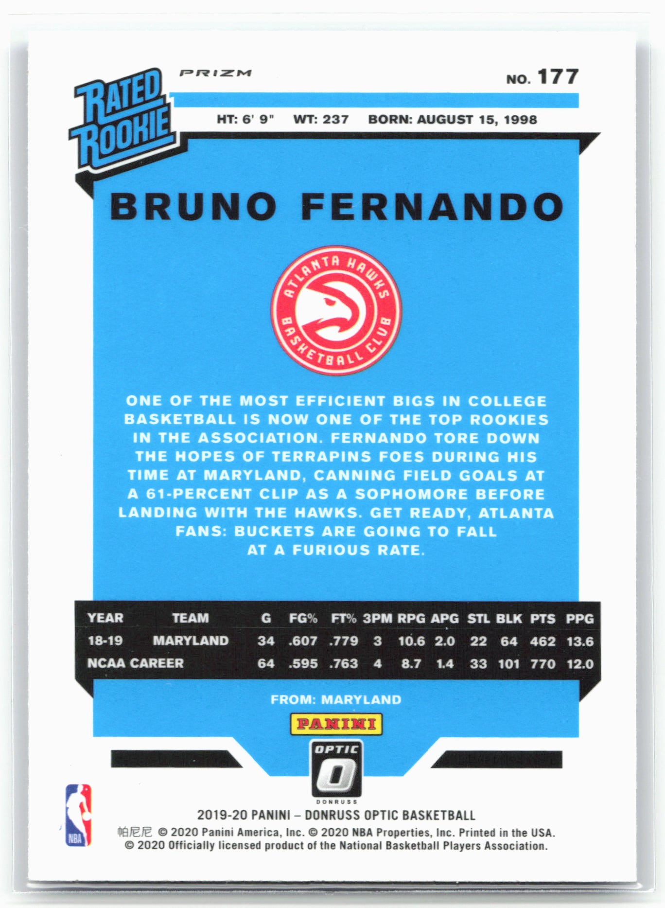 2019-20 Donruss Optic #177 Bruno Fernando Blue Velocity