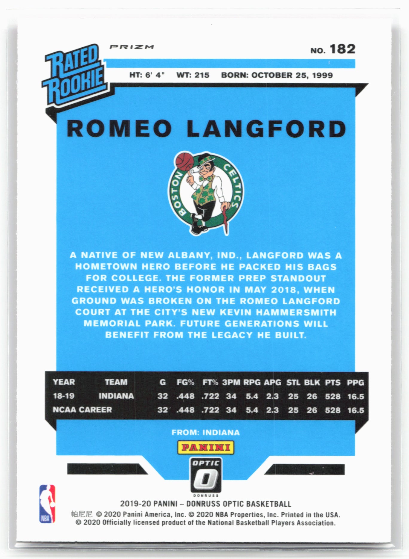 2019-20 Donruss Optic #182 Romeo Langford Hyper Pink