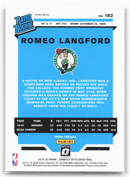 2019-20 Donruss Optic #182 Romeo Langford Hyper Pink
