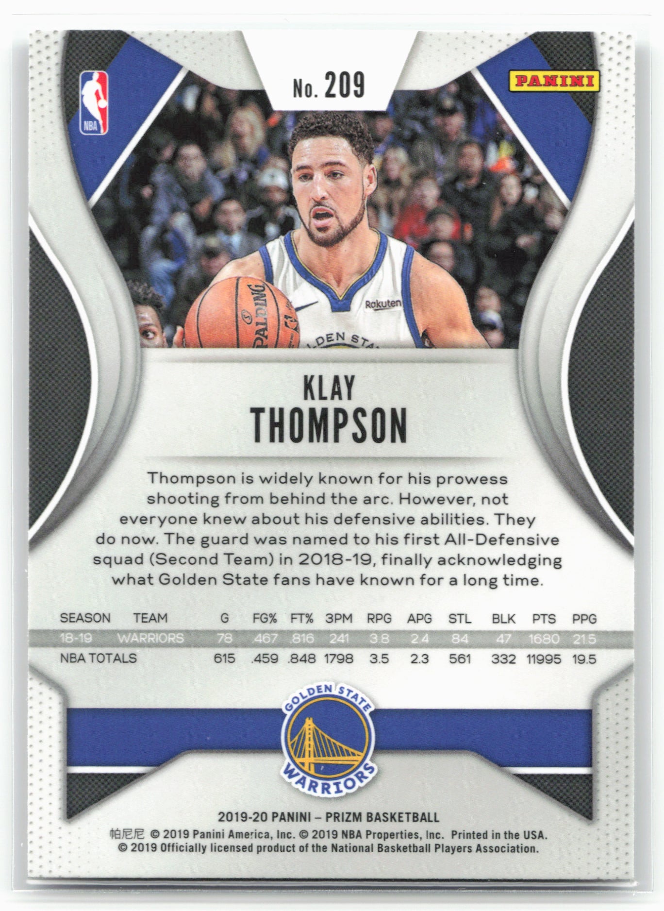 2019-20 Panini Prizm #209 Klay Thompson