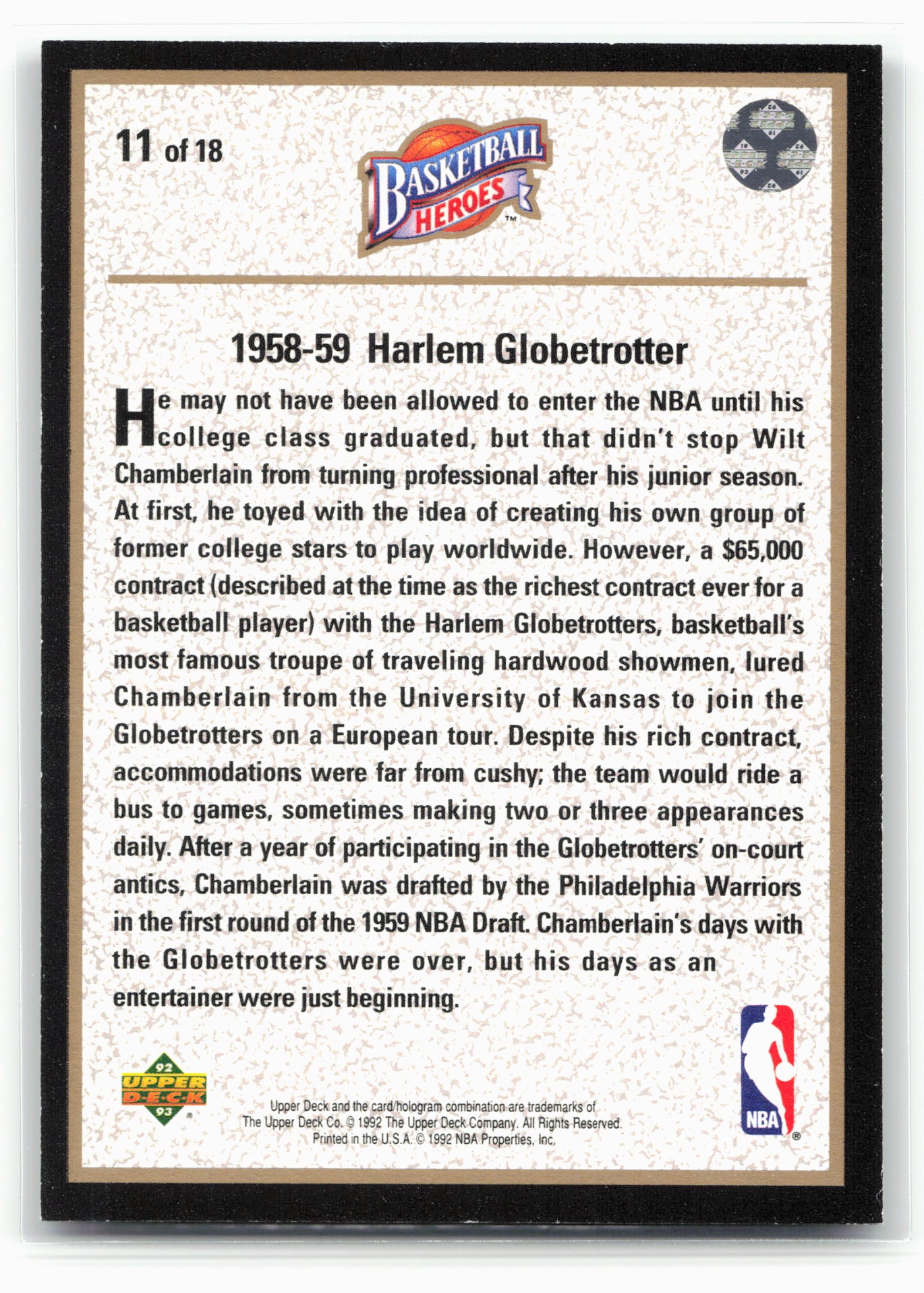 1992-93 Upper Deck #11 Wilt Chamberlain Basketball Heroes 26803