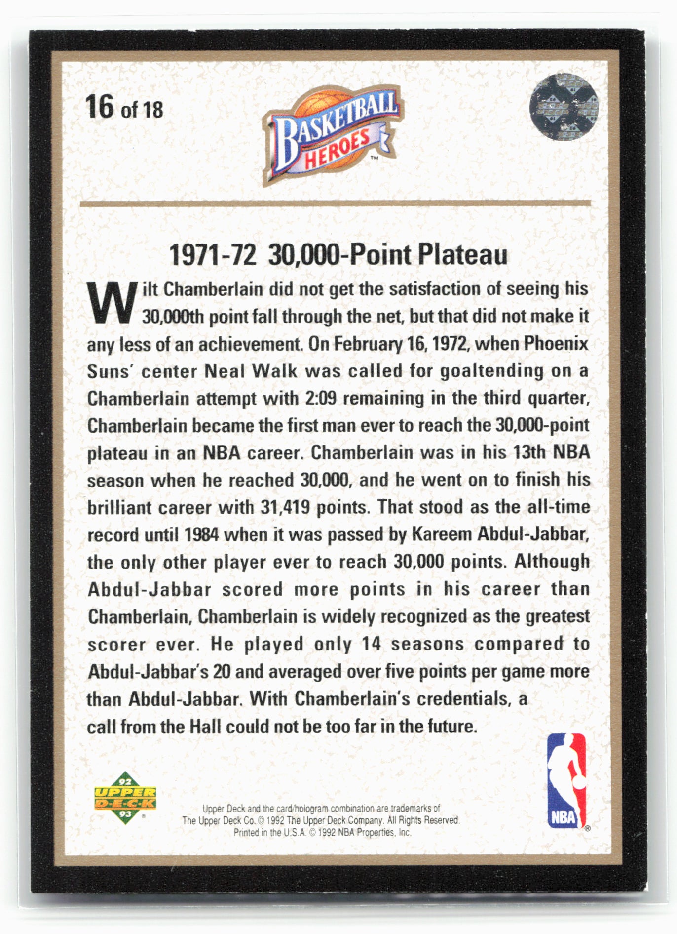 1992-93 Upper Deck #16 Wilt Chamberlain Basketball Heroes: 26804