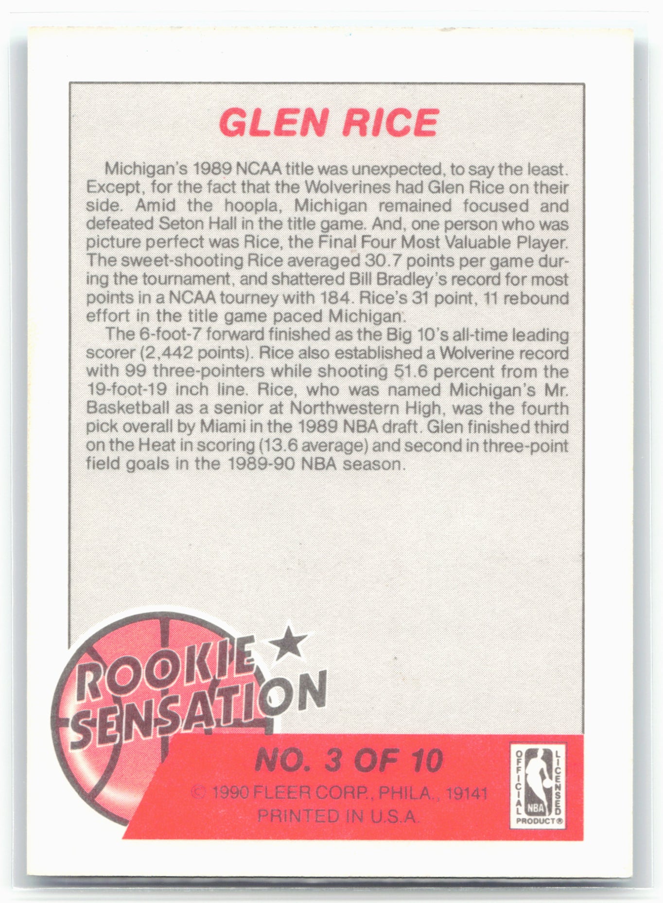 1990-91 Fleer #3 Glen Rice Rookie Sensations 26808