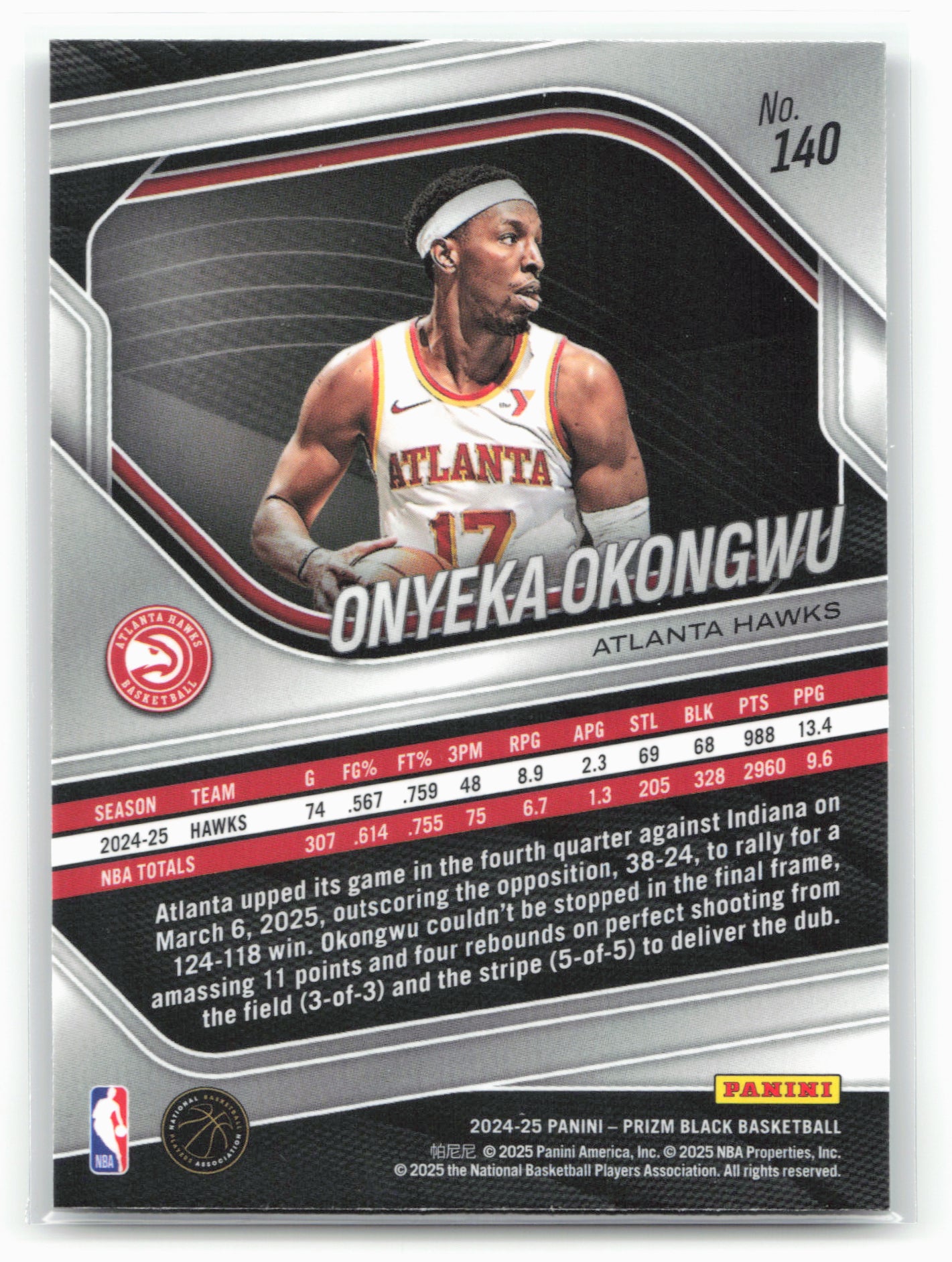 2024-25 Panini Prizm Black #140 Onyeka Okongwu 26820