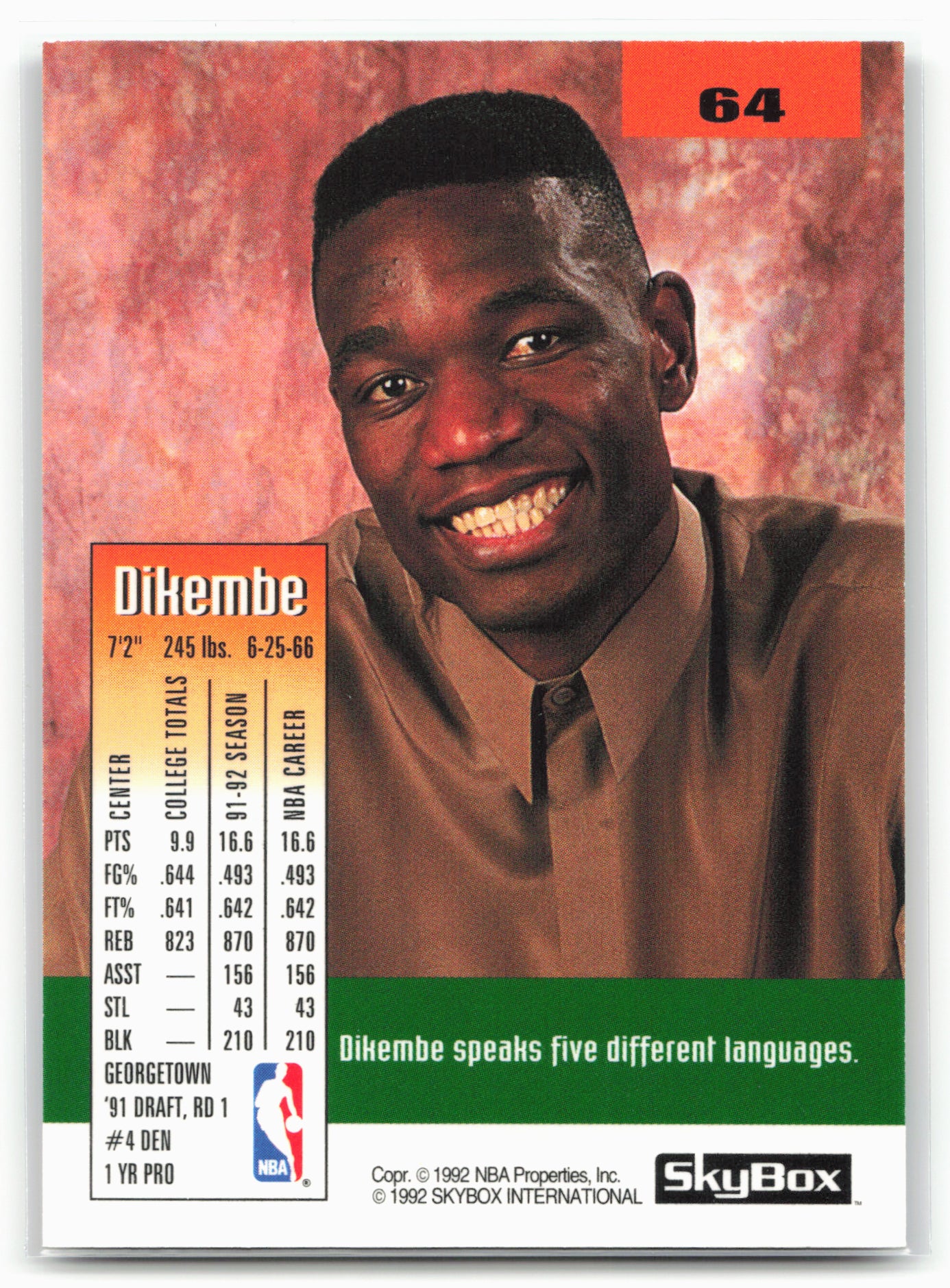 1992-93 SkyBox #64 Dikembe Mutombo