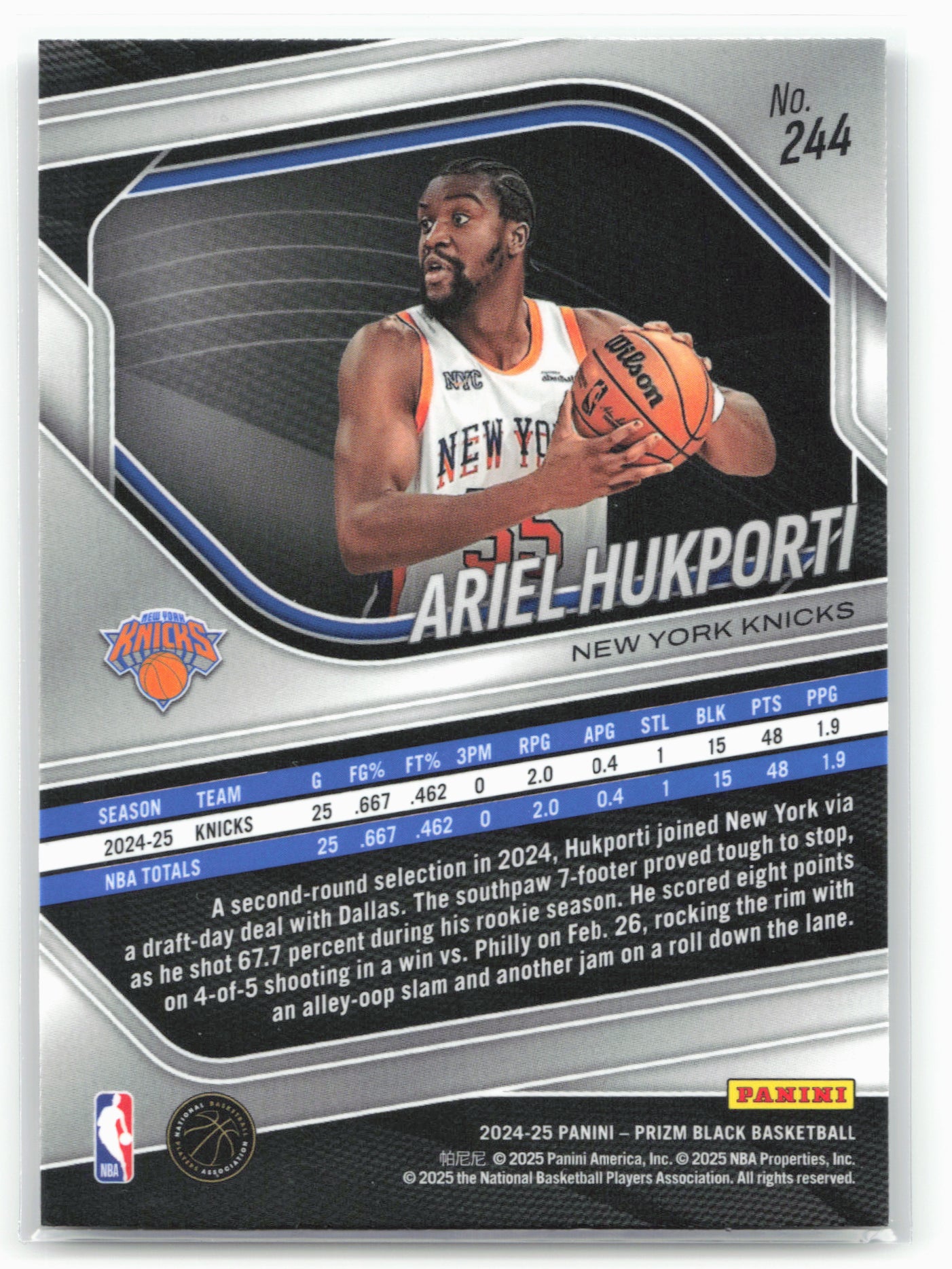 2024-25 Panini Prizm Black #244 Ariel Hukporti 26850