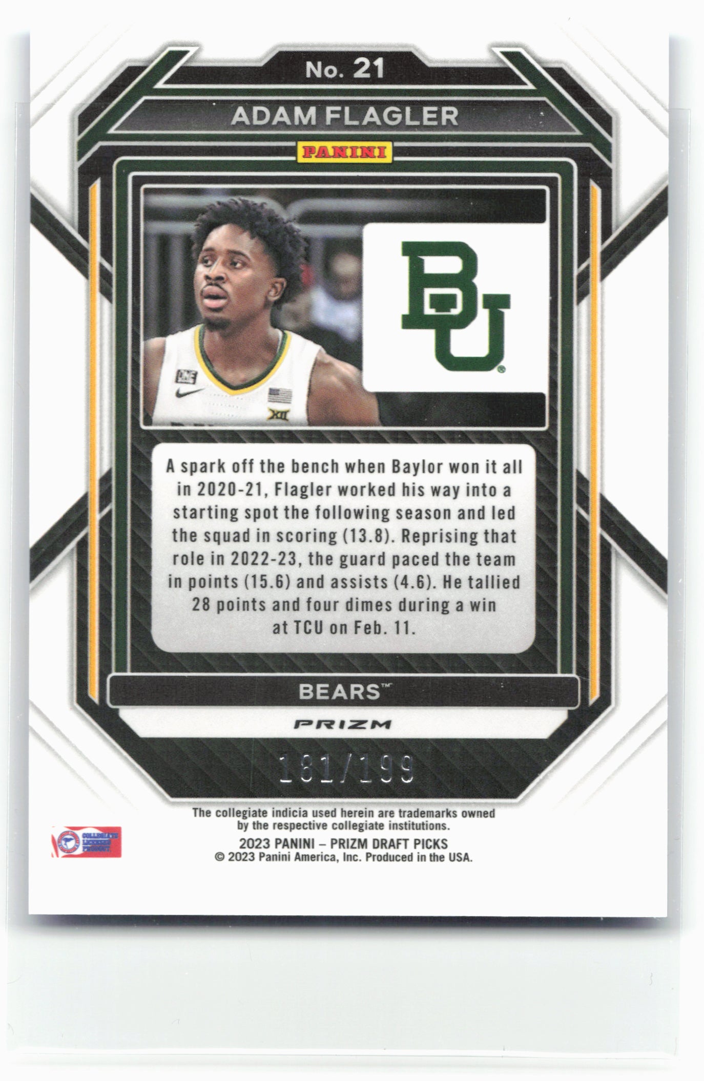 2023 Panini Prizm Draft Picks #21 Adam Flagler Blue #/199