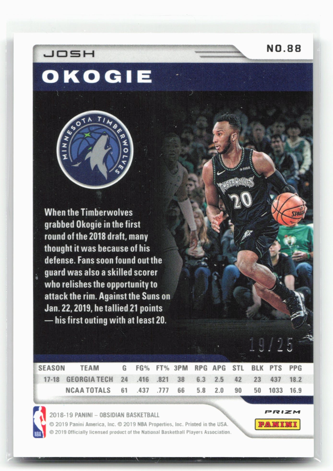 2018-19 Panini Obsidian #88 Josh Okogie Electric Etch Orange #/25