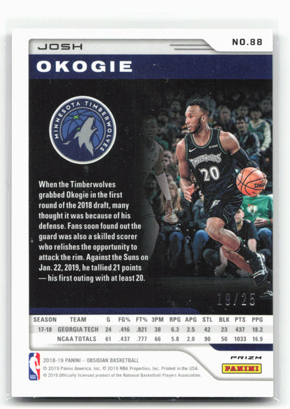 2018-19 Panini Obsidian #88 Josh Okogie Electric Etch Orange #/25