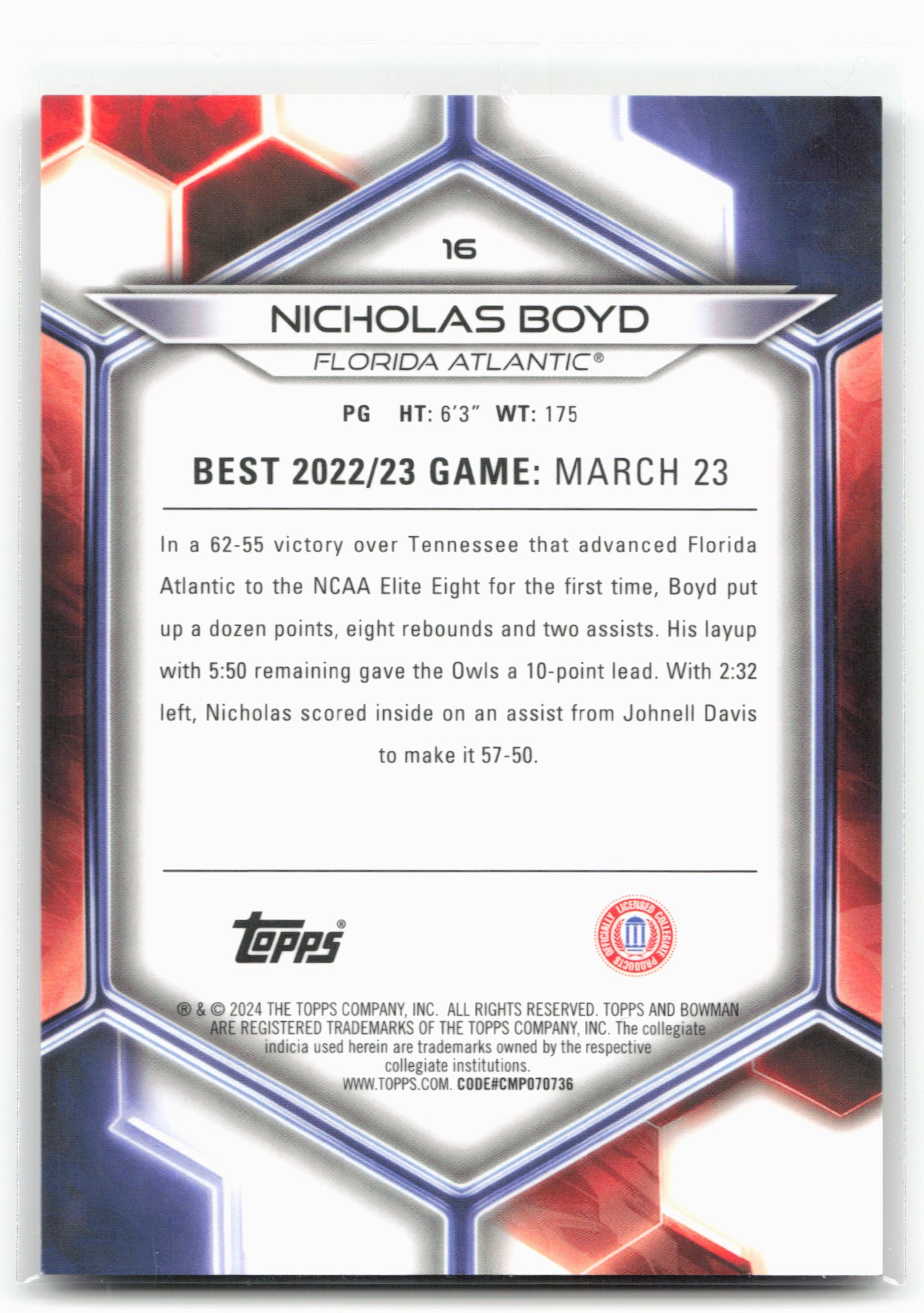 2023-24 Bowman University Best #16 Nicholas Boyd Geometric Gold Refractor #/50