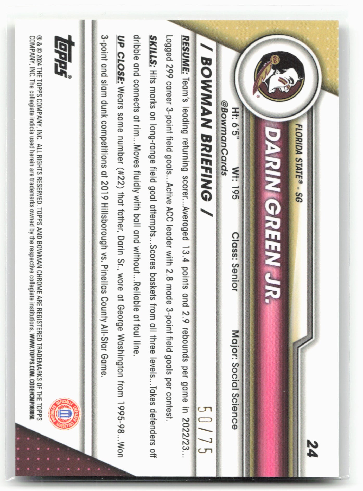 2023-24 Bowman University Chrome #24 Darin Green Jr. Yellow Refractor #/75