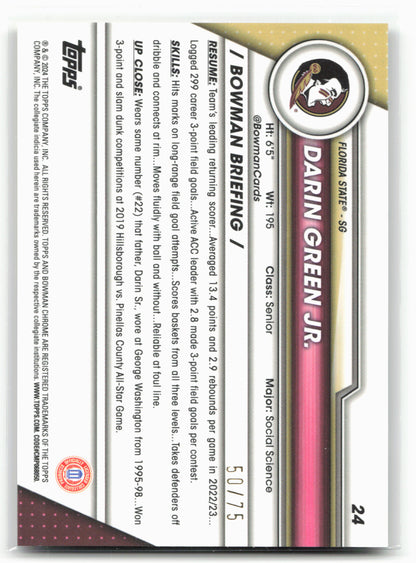 2023-24 Bowman University Chrome #24 Darin Green Jr. Yellow Refractor #/75