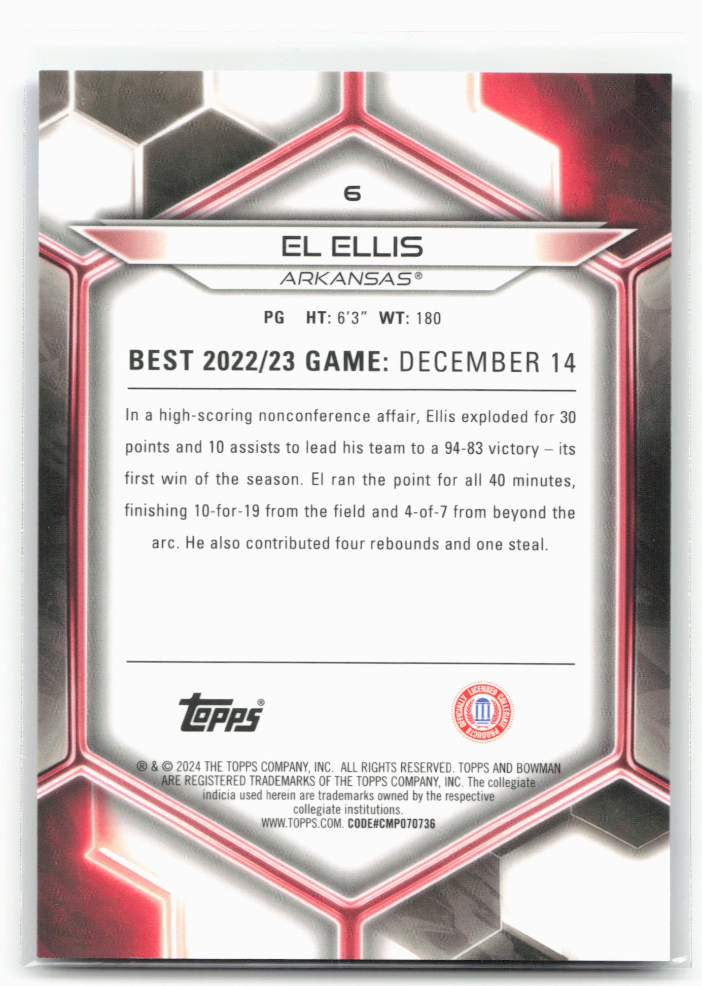 2023-24 Bowman University Best #6 El Ellis Blue Refractor #/150