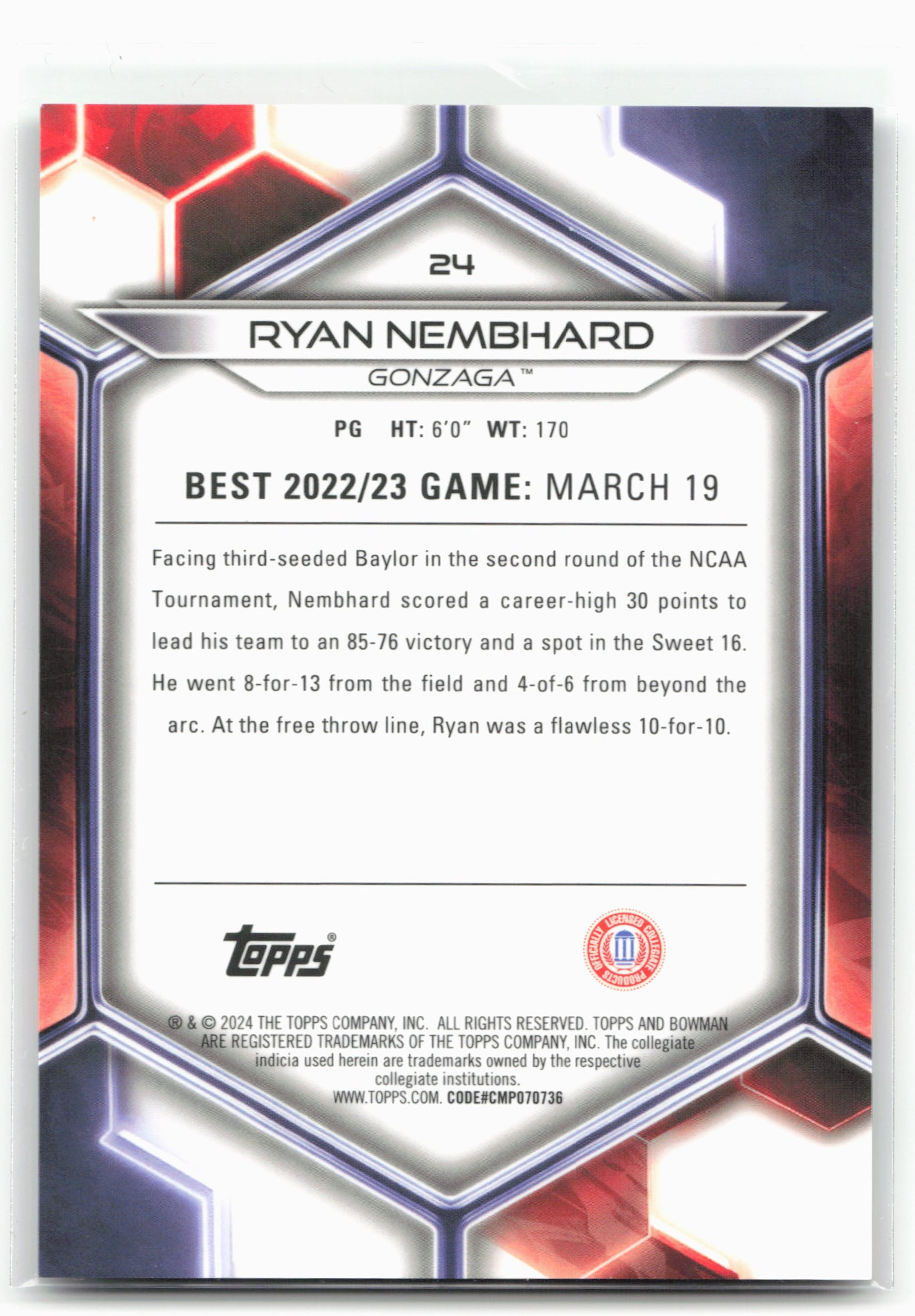 2023-24 Bowman University Best #24 Ryan Nembhard Green Diamond Refractor #/99