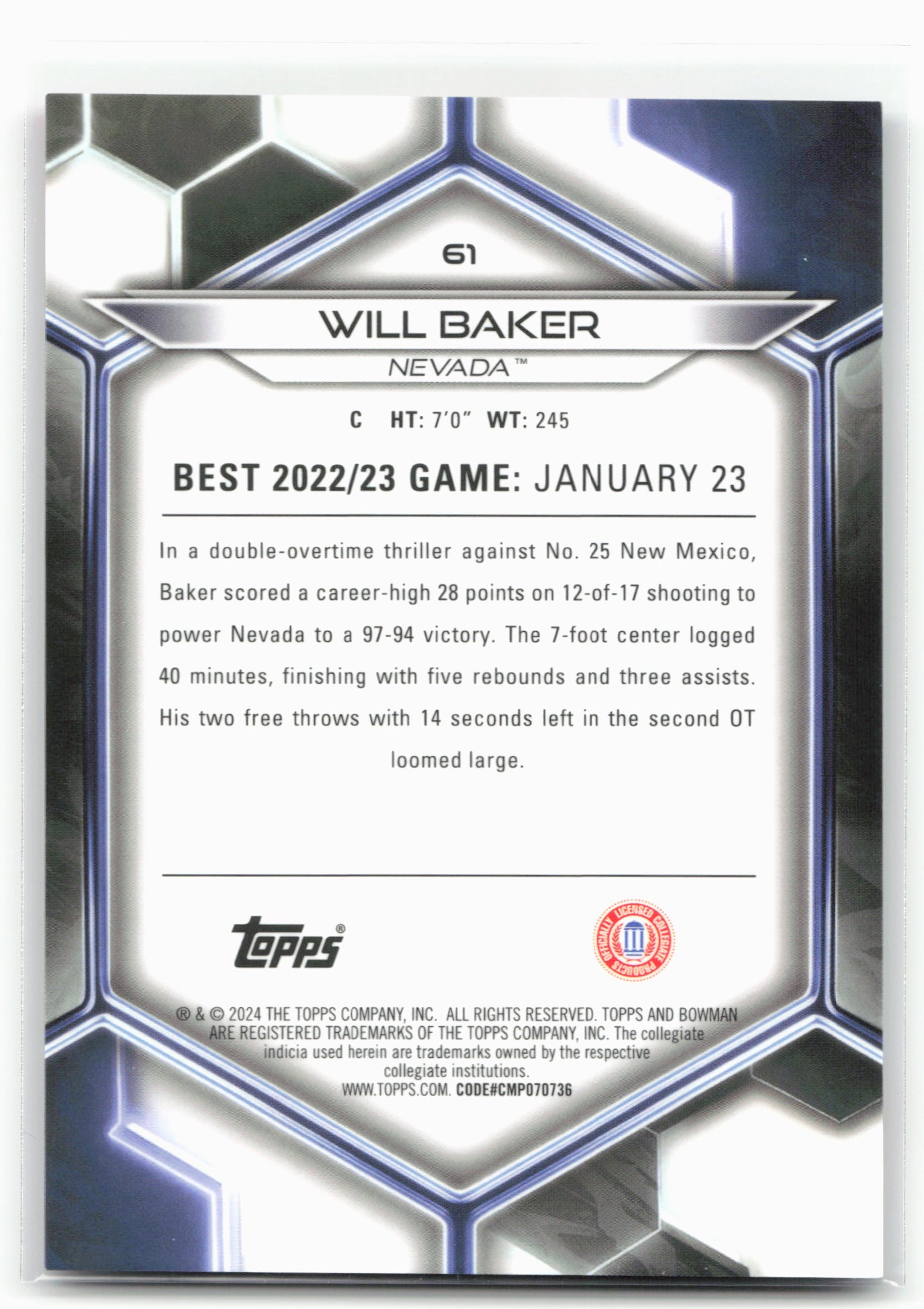 2023-24 Bowman University Best #61 Will Baker Pink Lava Refractor #/100