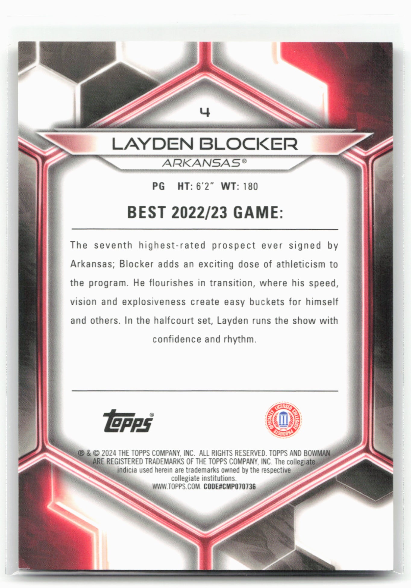 2023-24 Bowman University Best #4 Layden Blocker Yellow Refractor #/75