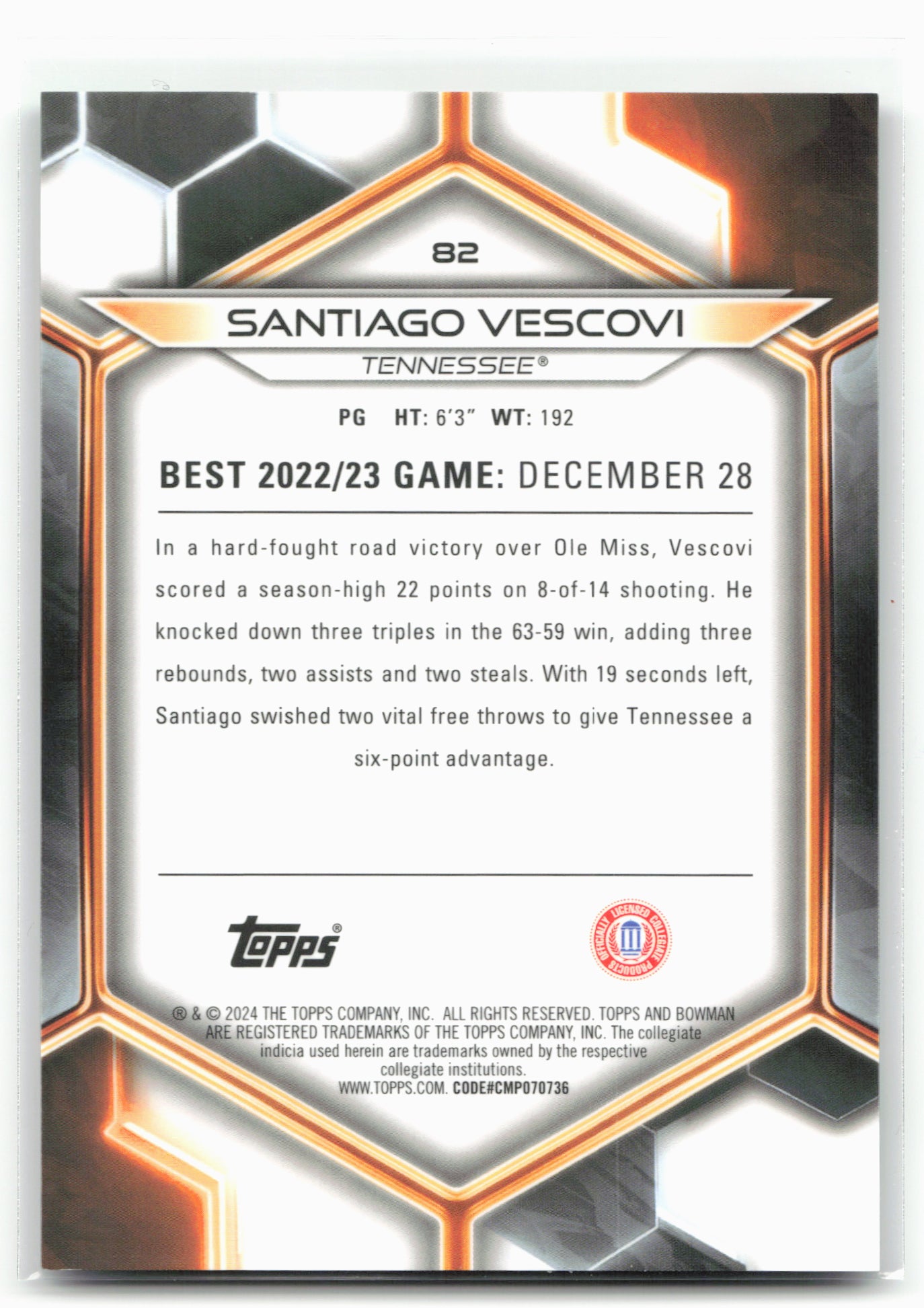 2023-24 Bowman University Best #82 Santiago Vescovi Green Mini-Diamond #/99