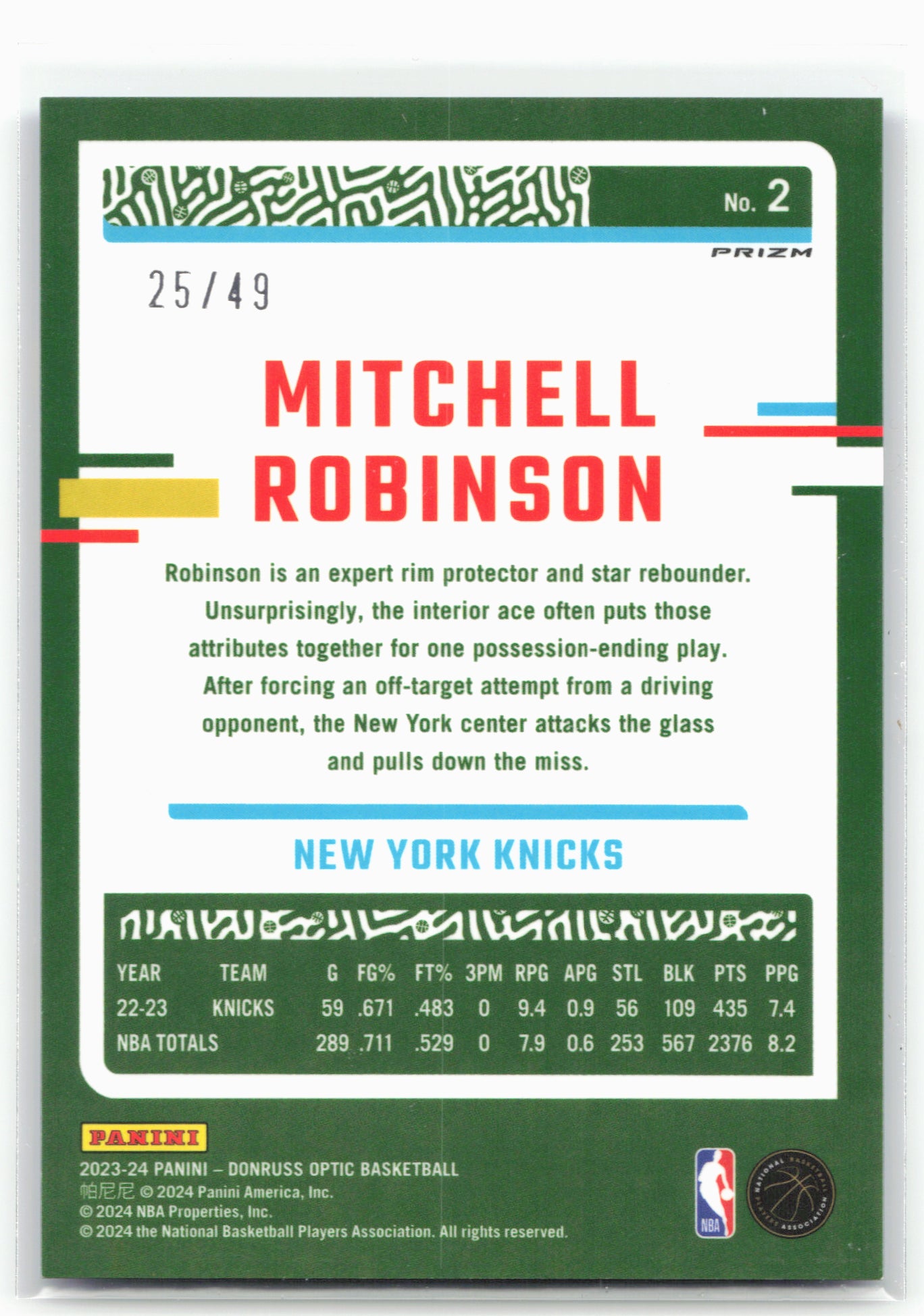 2023-24 Donruss Optic #2 Mitchell Robinson Blue #/49