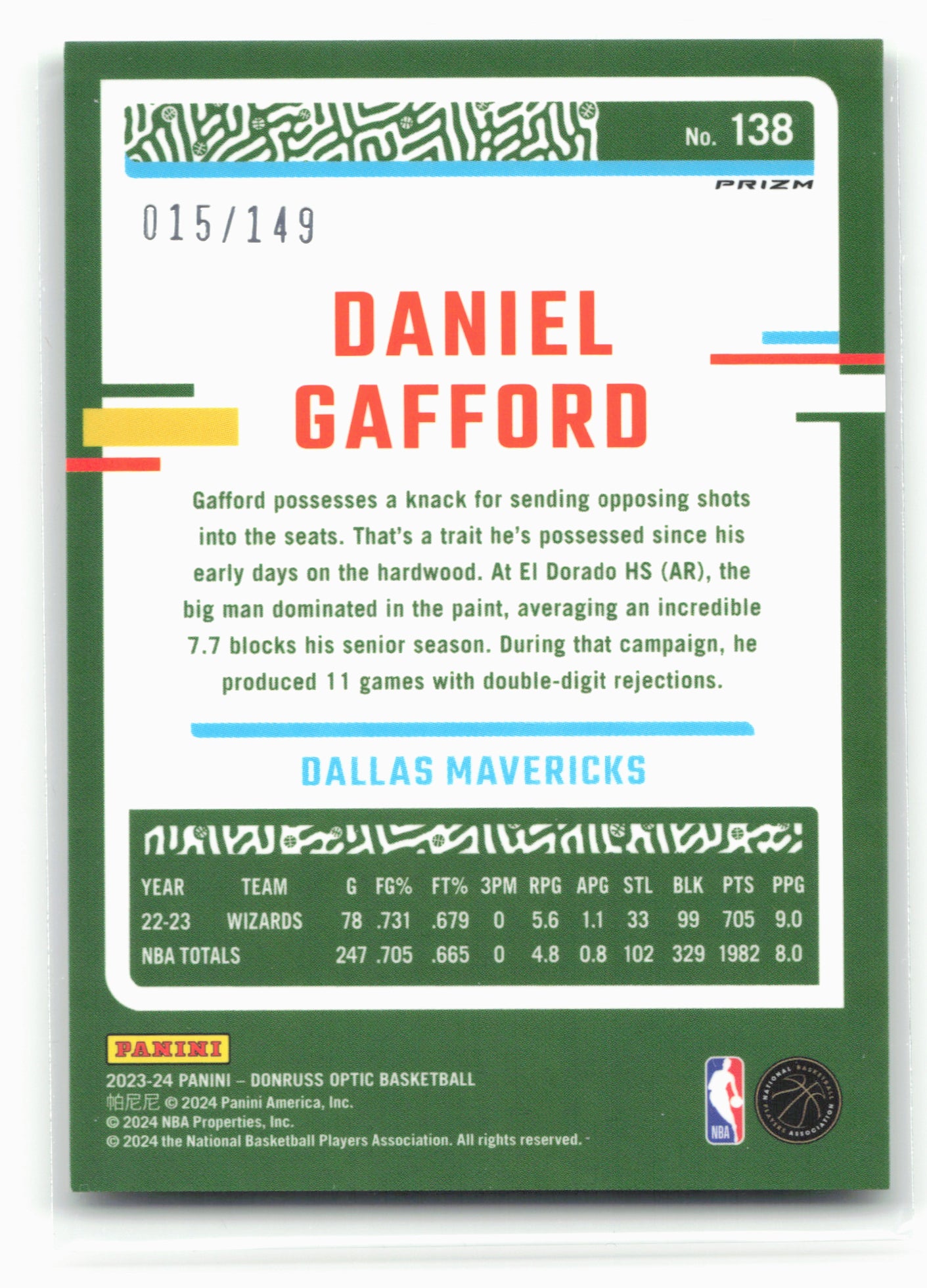 2023-24 Donruss Optic #138 Daniel Gafford Lime Green #/149