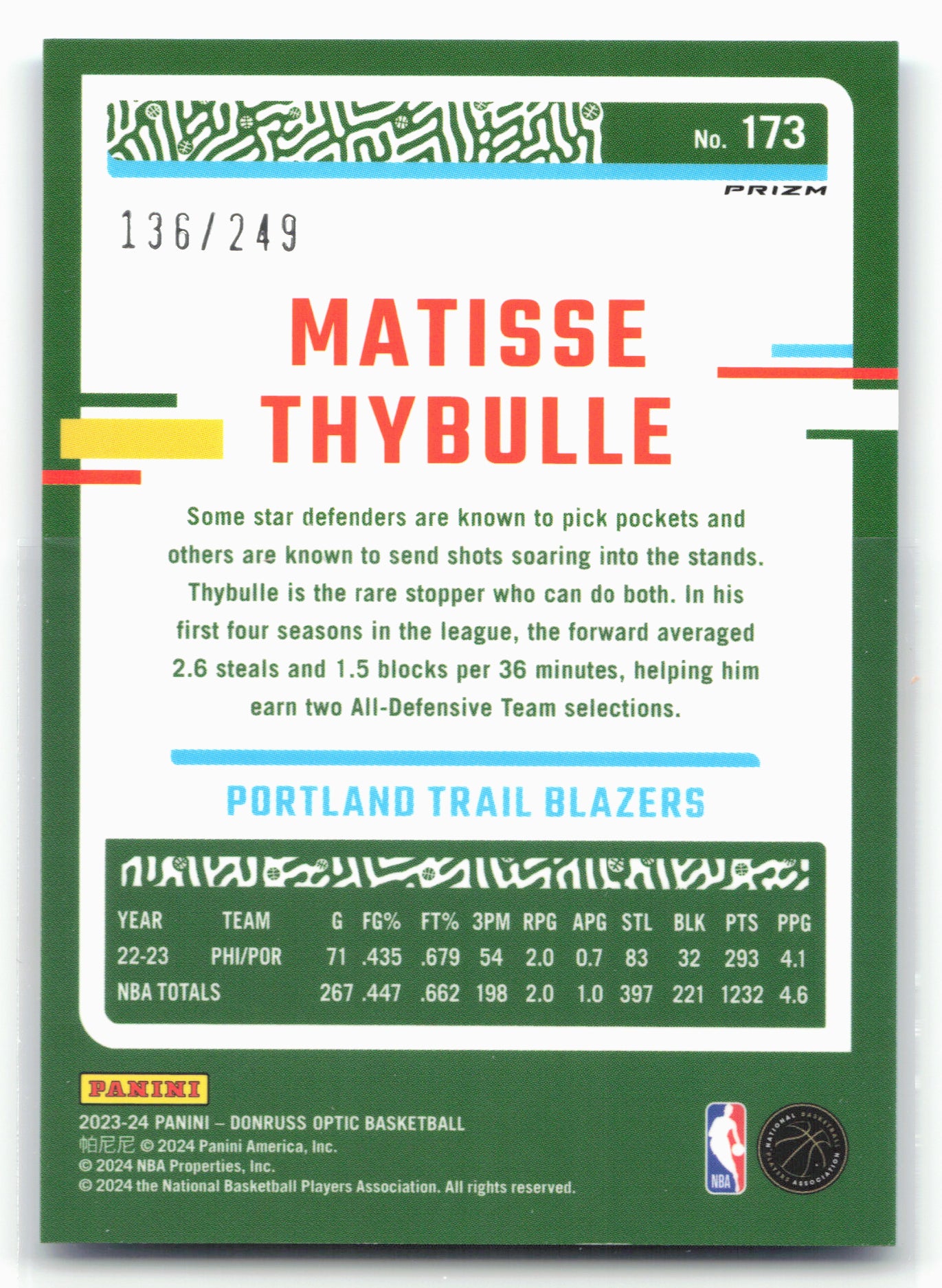 2023-24 Donruss Optic #173 Matisse Thybulle Aqua #/249