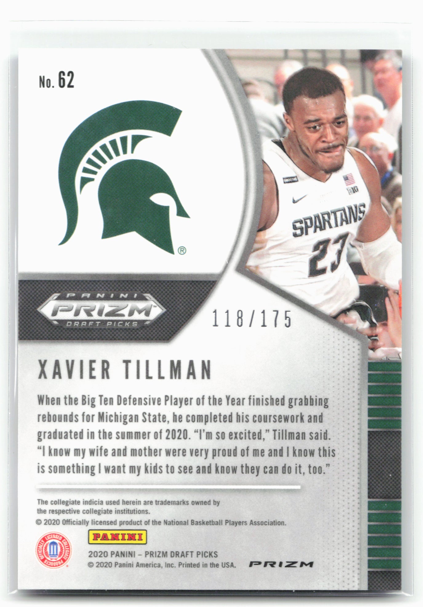 2020 Panini Prizm Draft Picks #62 Xavier Tillman Fast Break Blue #/175