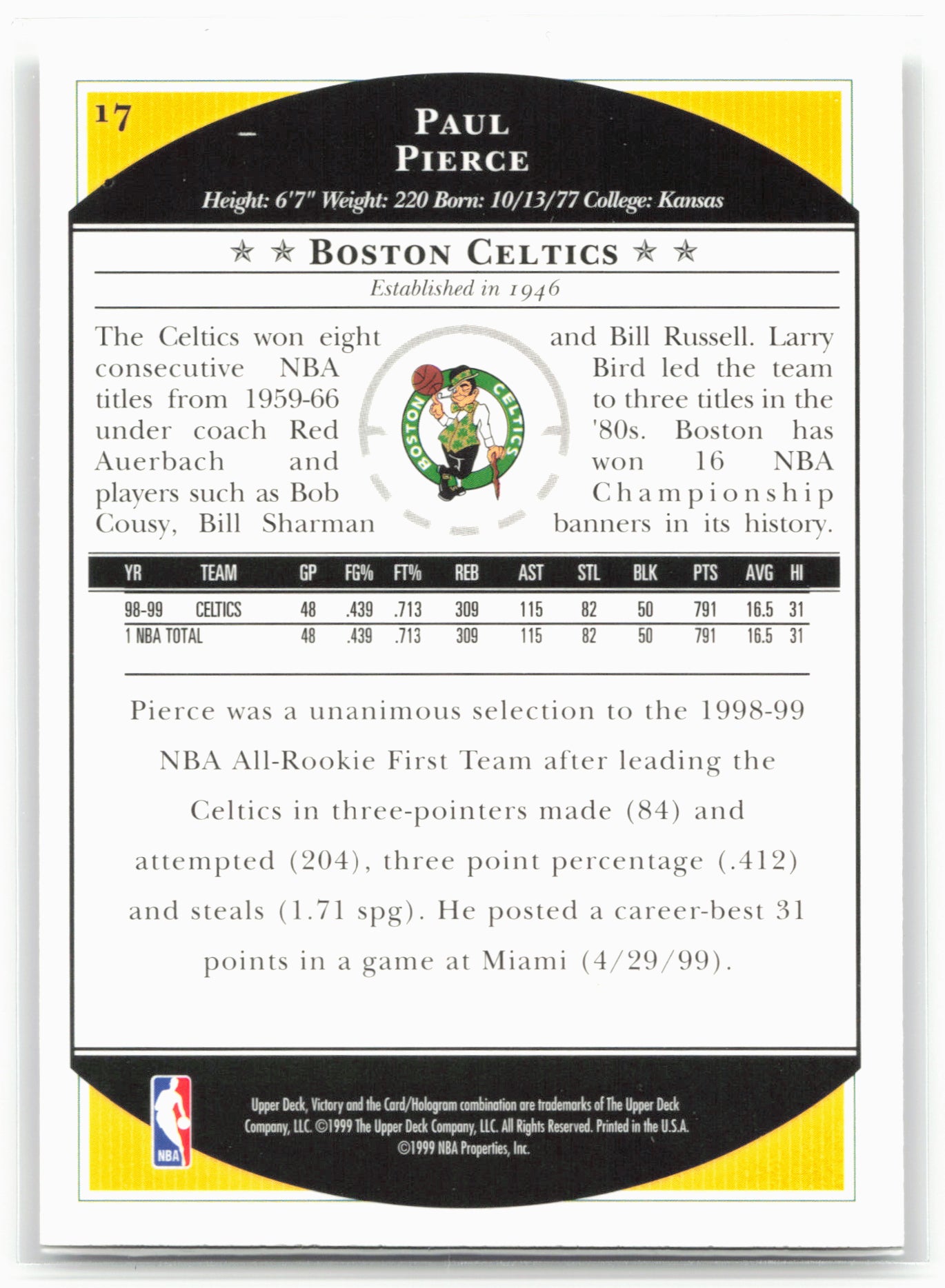1999-00 Upper Deck Victory #17 Paul Pierce 26906