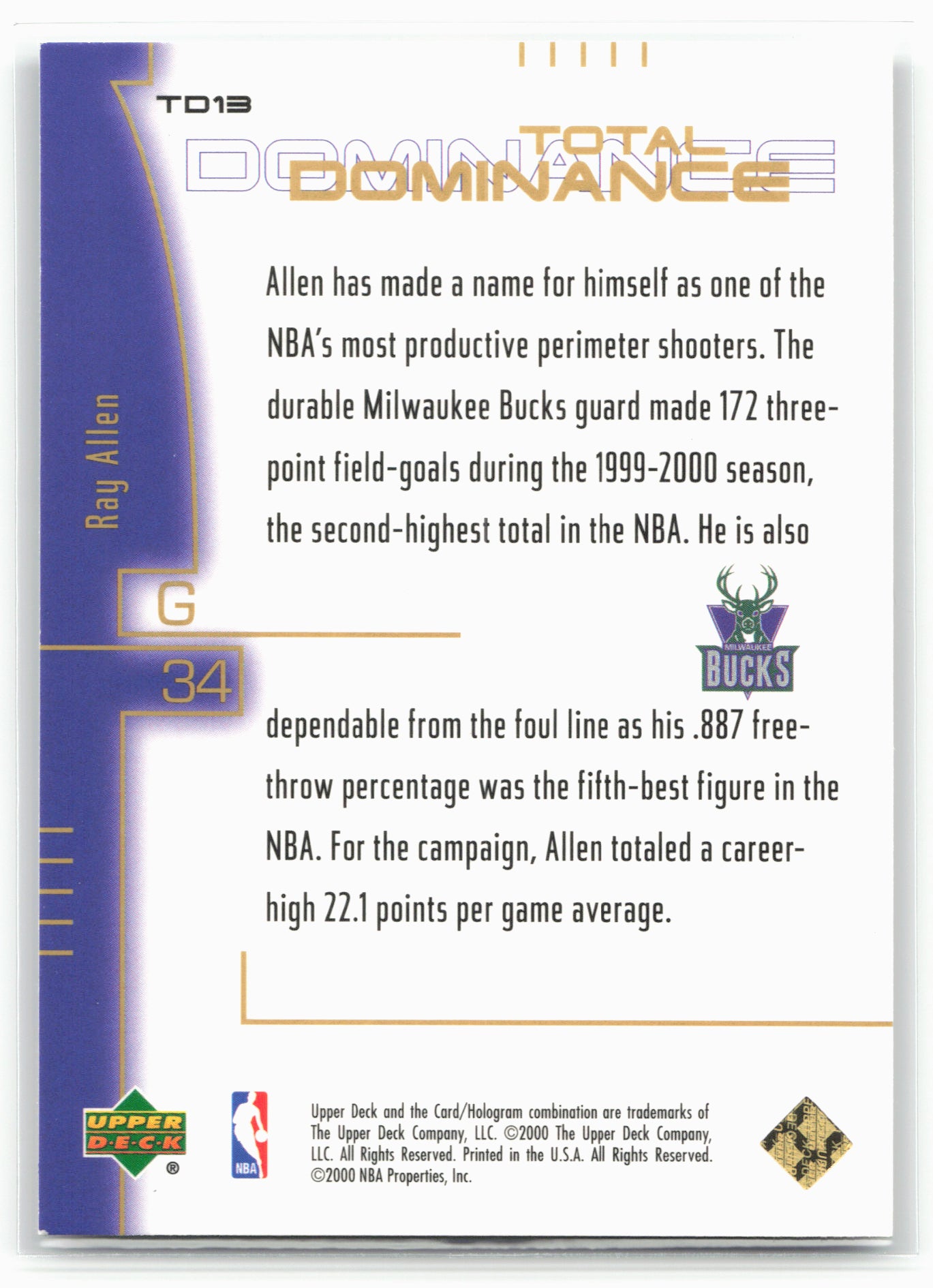 2000-01 Upper Deck #TD13 Ray Allen Total Dominance 26909