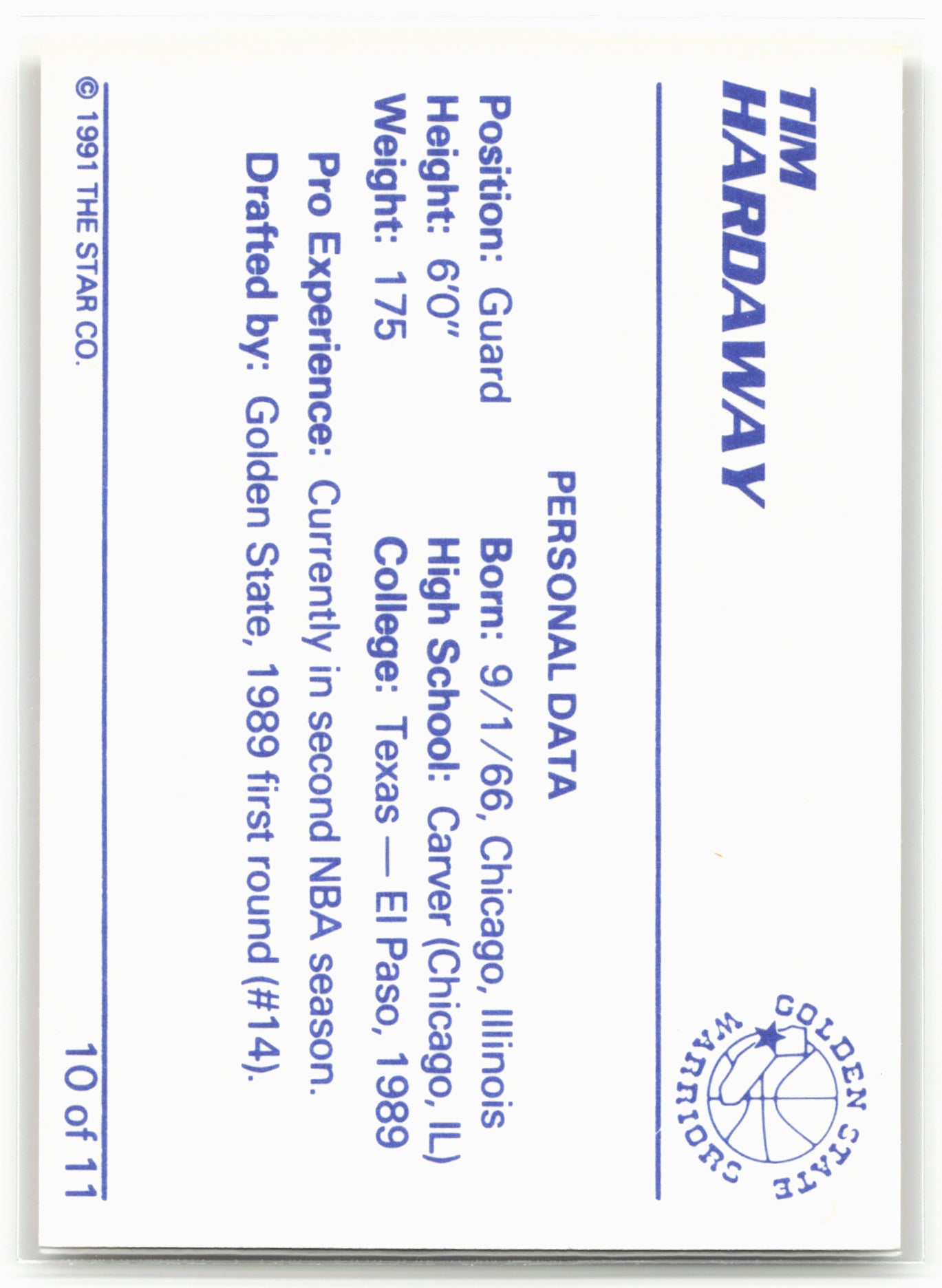 1990-91 Star Tim Hardaway #10 Tim Hardaway - Personal Data