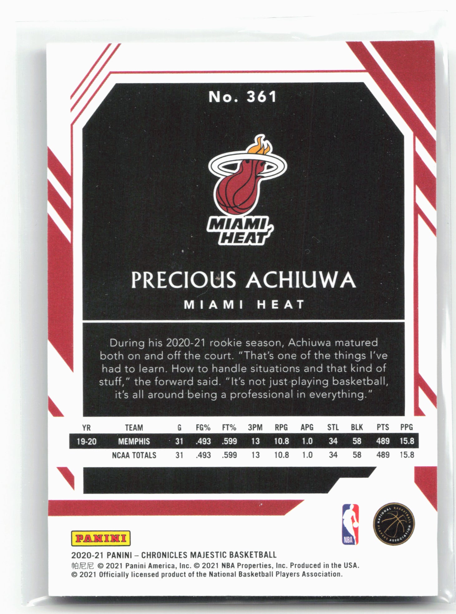 2020-21 Panini Chronicles #361 Precious Achiuwa #/249