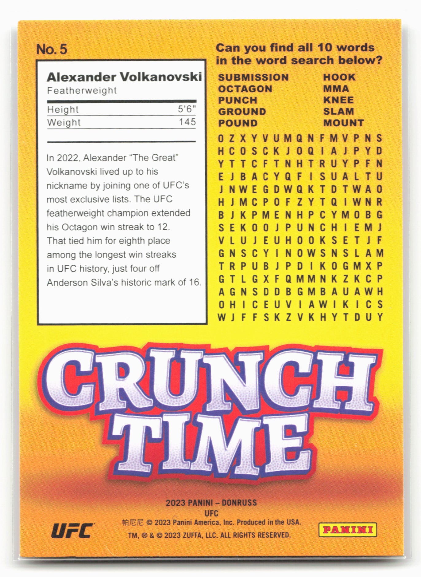 2023 Donruss UFC #5 Alexander Volkanovski Crunch Time