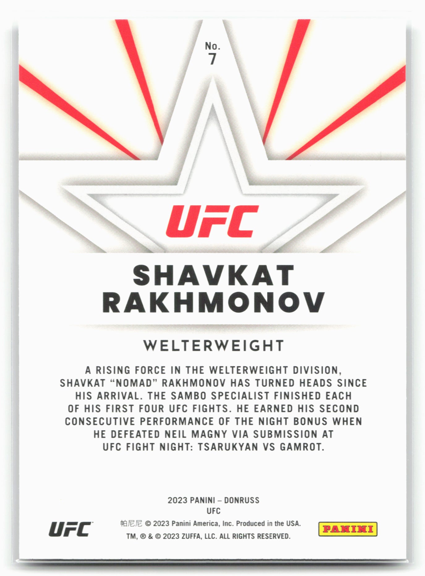 2023 Donruss UFC #7 Shavkat Rakhmonov The Untouchables