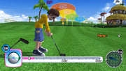 
Super Swing Golf Season 2 | Nintendo Wii | gameplay screenshot | player aiming a putt with native power, club, wind and distance HUD