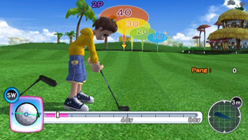 
Super Swing Golf Season 2 | Nintendo Wii | gameplay screenshot | player aiming a putt with native power, club, wind and distance HUD
