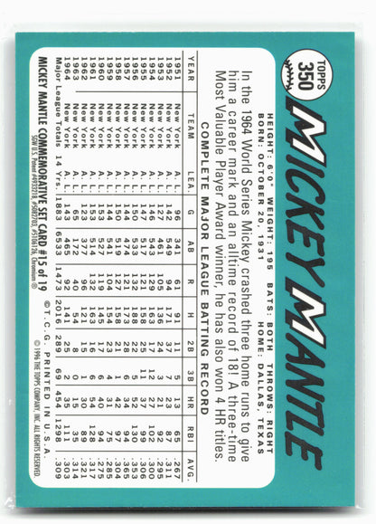 1996 Topps #15 Mickey Mantle Mickey Mantle Commemorative Reprints Finest