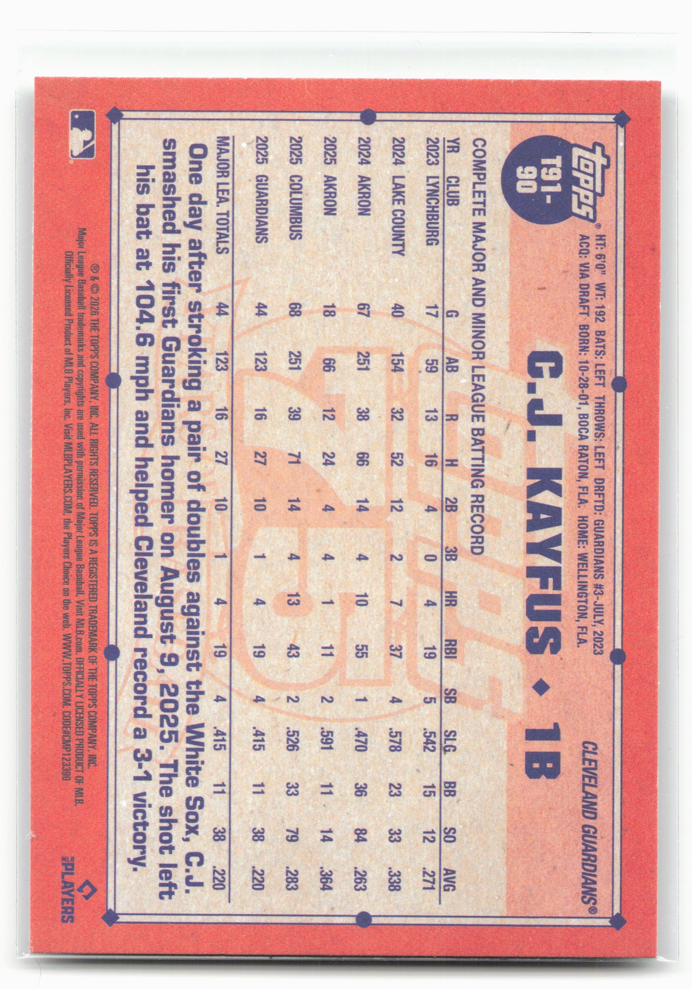 2026 Topps #T91-90 C.J. Kayfus 1991 Topps Baseball 35th Anniversary (Series One)