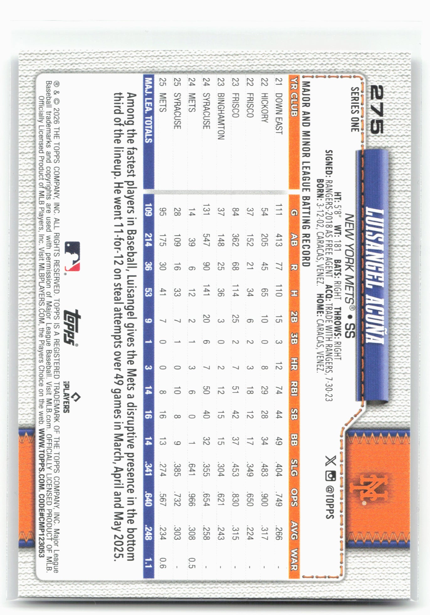 2026 Topps #275 Luisangel Acuña Diamante Foil