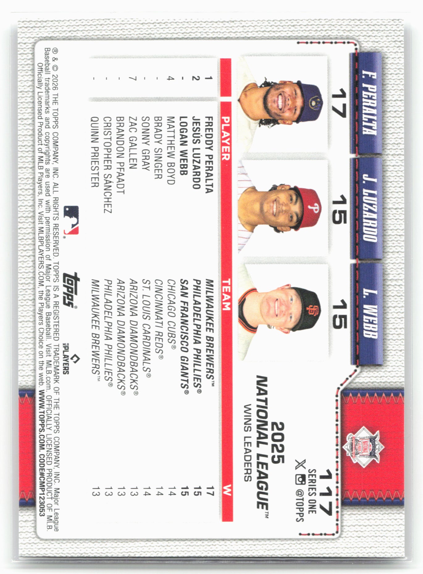2026 Topps #117 National Leaders Wins (Peralta /Luzardo /Webb) Diamante Foil