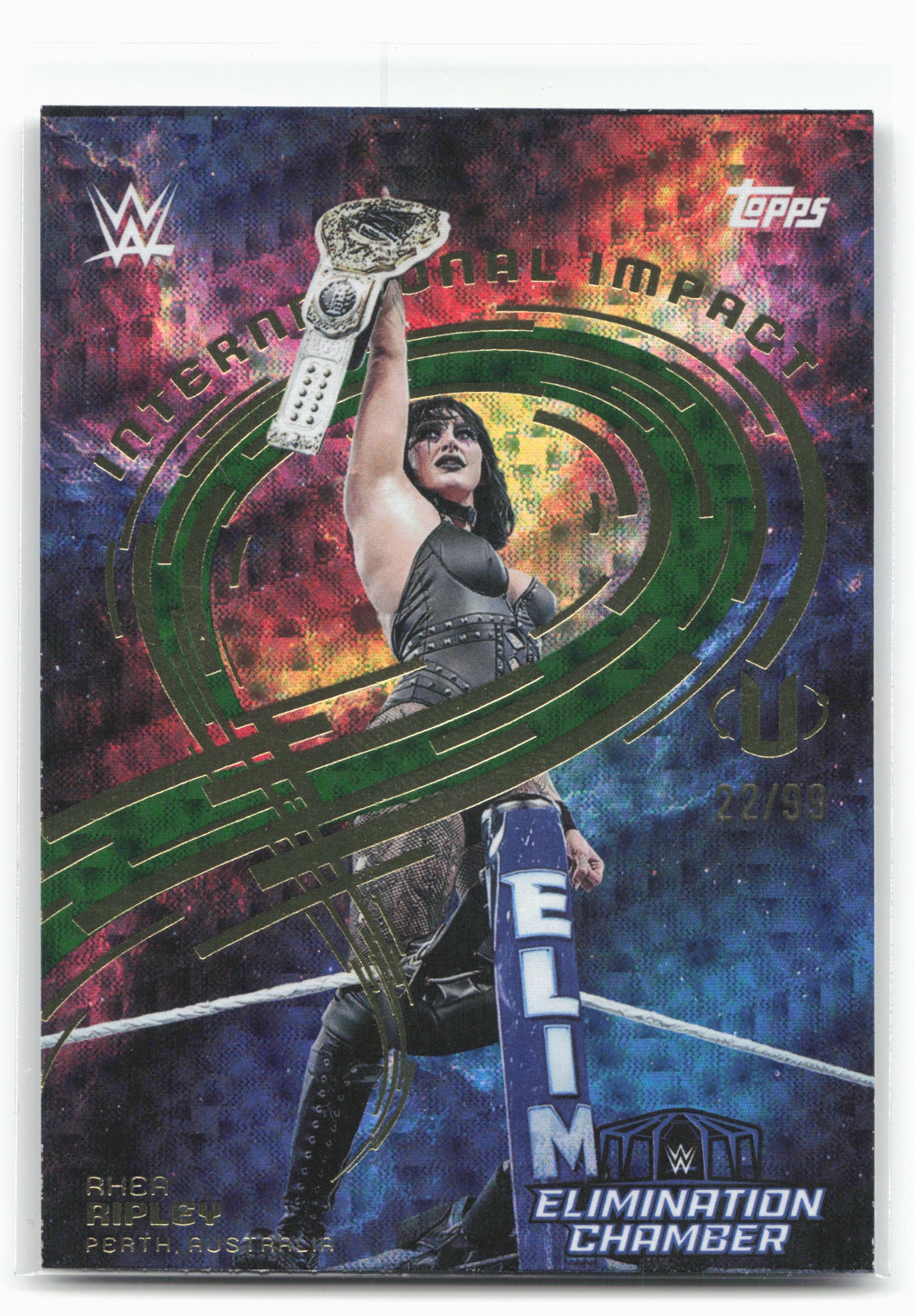 2025 Topps Universe WWE #IIM-5 Rhea International Impact Green Electric #/99