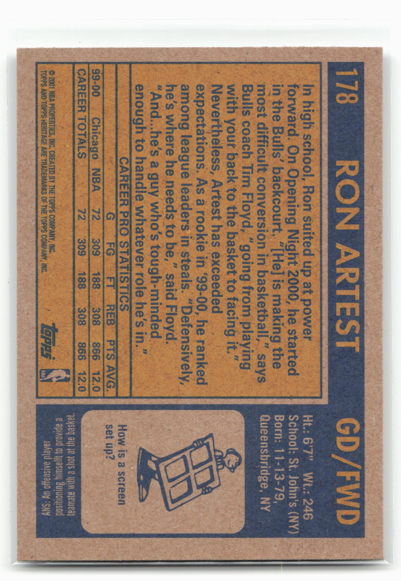 2000-01 Topps Heritage #178 Ron Artest